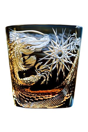 Dragon engraved black crystal whiskey tumbler with Edo Kiriko handcut design