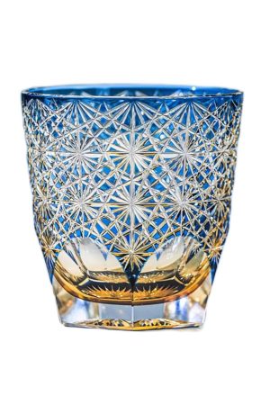 Edo Kiriko Chrysanthemum Whiskey Glass in blue and amber crystal