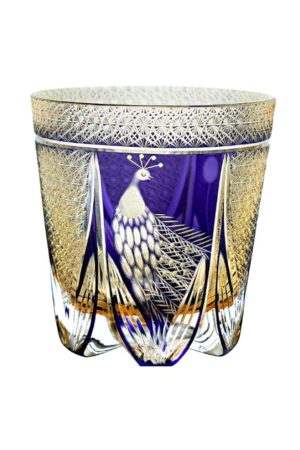 Violet Edo Kiriko whiskey glass featuring a hand-cut peacock motif