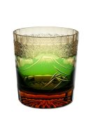 Handcut mt fuji whiskey glass with green and amber crystal design