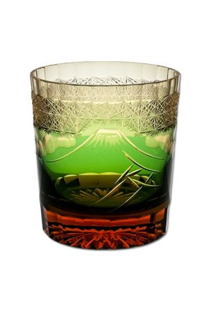 Handcut mt fuji whiskey glass with green and amber crystal design