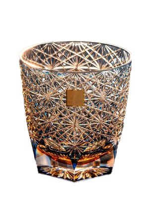 Blue Daisy Edo Kiriko whiskey glass with daisy cut pattern in blue crystal