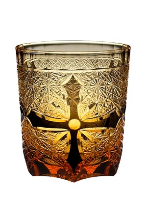 Edo Kiriko cross crystal whiskey glass with golden cut and starburst patterns