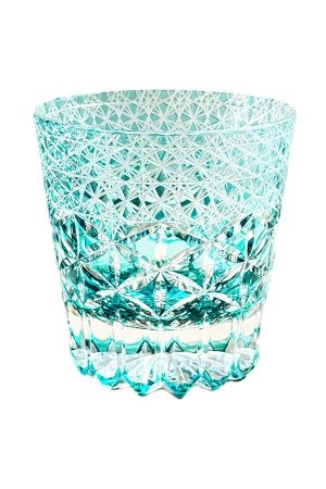 Emerald green Edo Kiriko whiskey glass with handcut Asanoha star patterns