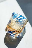 Edo Kiriko starburst whiskey glass in blue and amber dual-tone crystal