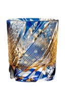 Edo Kiriko starburst whiskey glass in blue and amber dual-tone crystal
