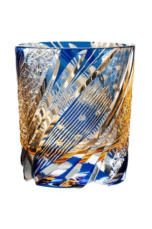 Edo Kiriko starburst whiskey glass in blue and amber dual-tone crystal