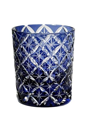 Four-color Edo Kiriko whiskey glass with Shippō pattern and blue crystal design