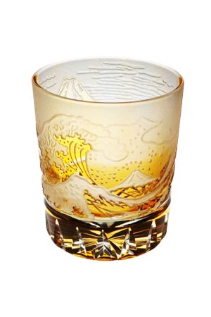 Hand-carved Great Wave whiskey glass with Edo Kiriko pattern