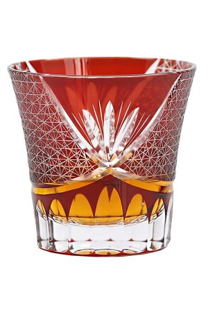 Red Edo Kiriko whiskey glass with floral engravings and crystal clarity