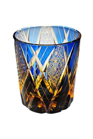 Thunder Gods Edo Kiriko whiskey glass with blue and amber crystal daisy pattern