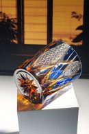 Thunder Gods Edo Kiriko whiskey glass with blue and amber crystal daisy pattern